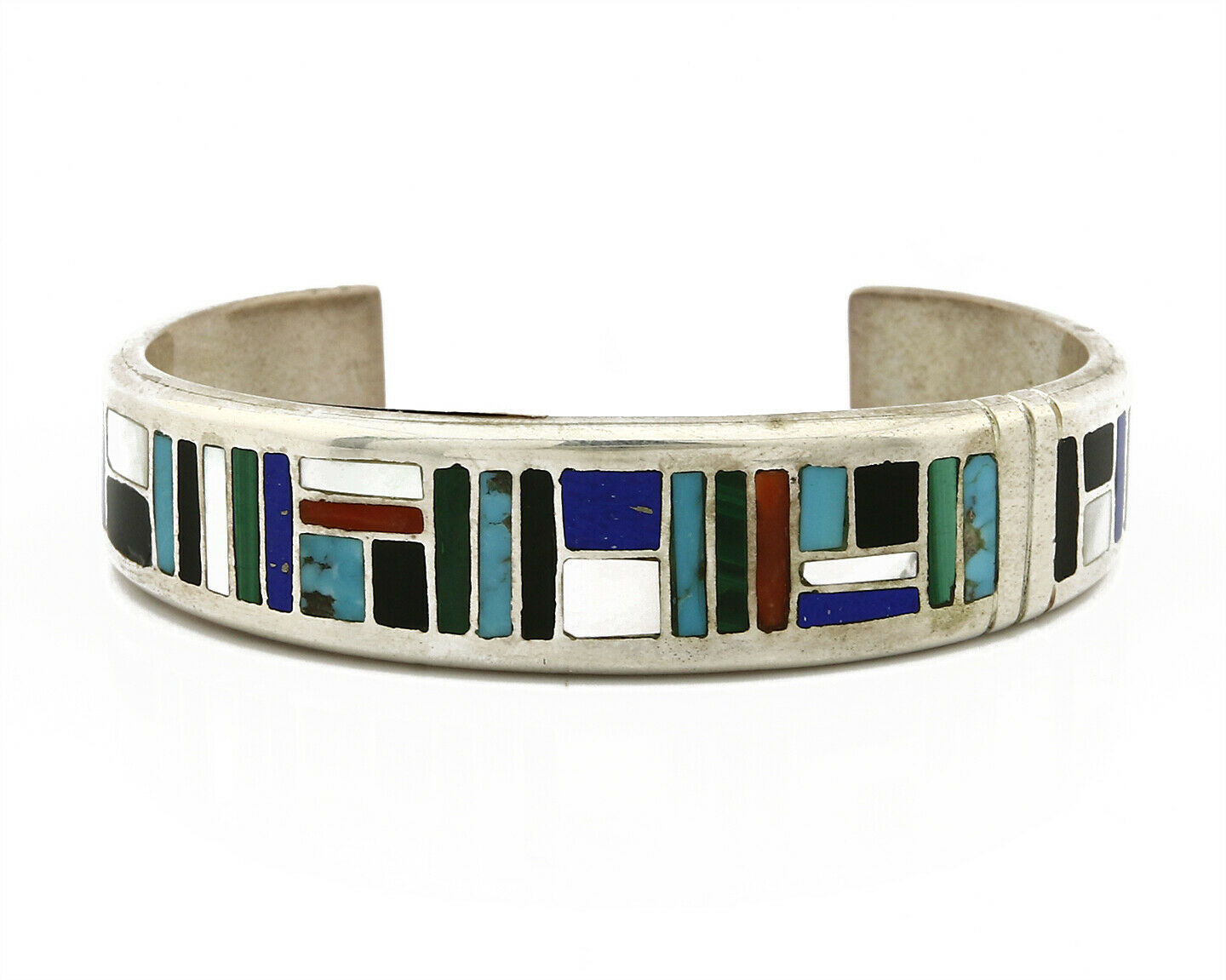 Early Artist David Freeland Inlaid Natural Gemstone .925 SOLID Silver Cuff