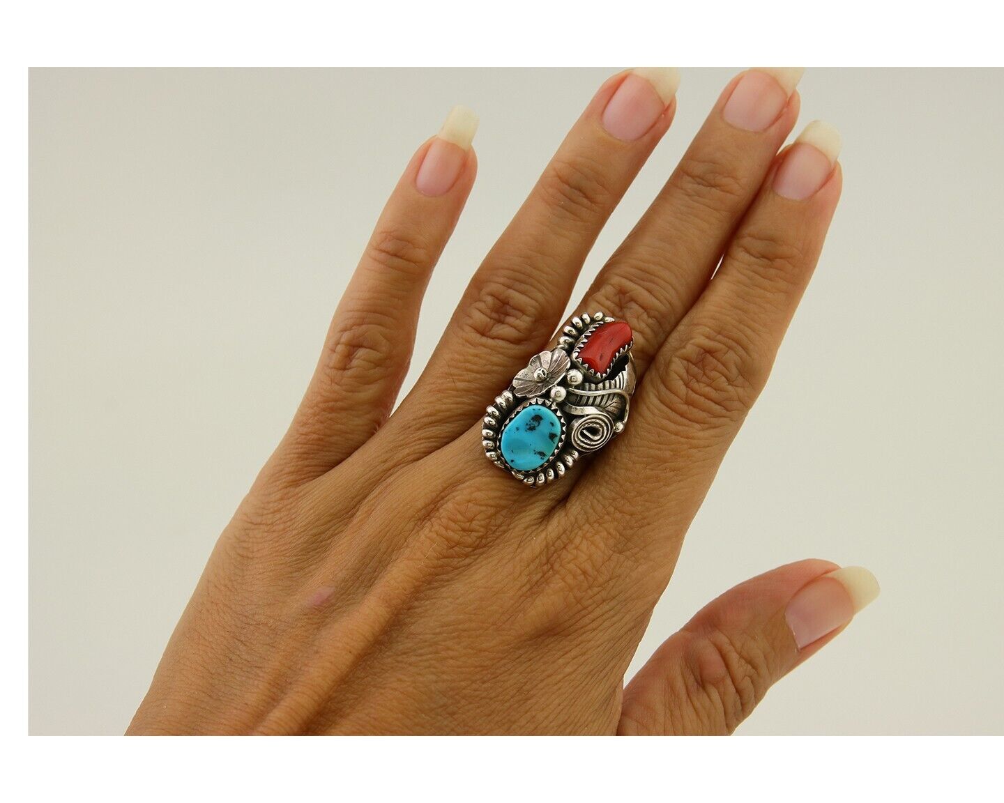 Navajo Handmade Ring 925 Silver Coral & Turquoise Native Artist C.80's