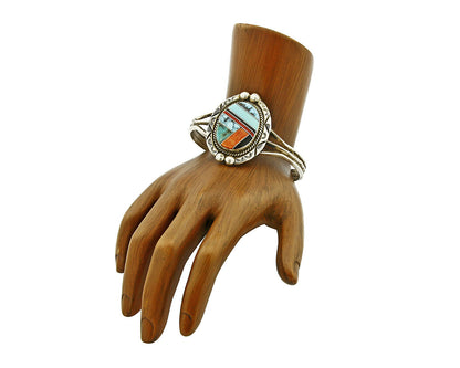 Navajo Gemstone Inlay Handmade .925 Silver Stamped Cuff