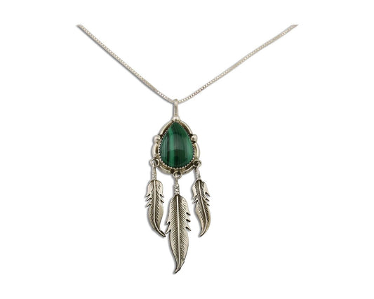 Large Navajo Pendant 925 Silver Natural Malachite Native American Artist C.80's