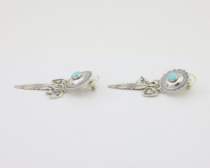 Navajo Concho Dangle Bear Feather Heart Earrings 925 Silver Natural Turquoise