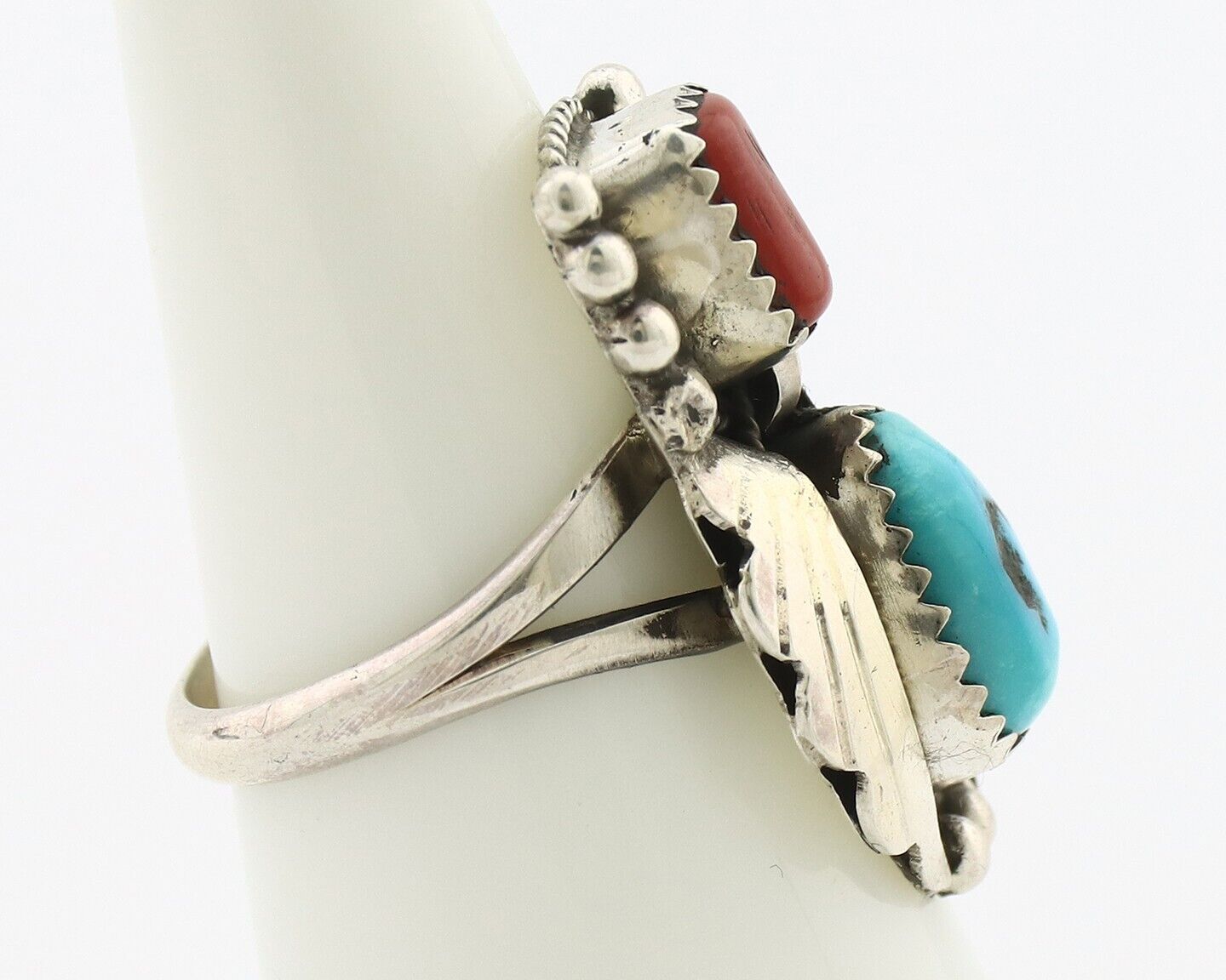 Navajo Ring .925 Silver Turquoise & Coral Artist Signed Justin Morris C.80's
