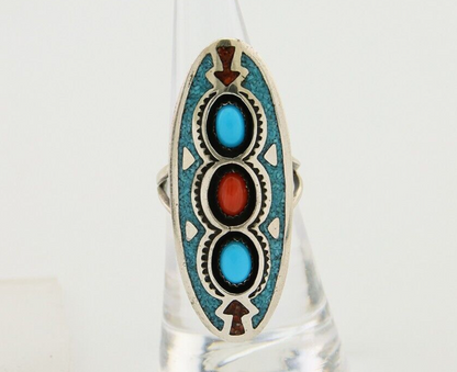 Navajo Handmade Ring 925 Silver Coral & Turquoise Signed Circle JW C.80's
