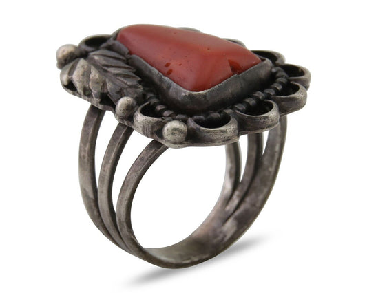 Navajo Ring 925 Silver Natural Coral Signed Jane Yikaazba Popovitch