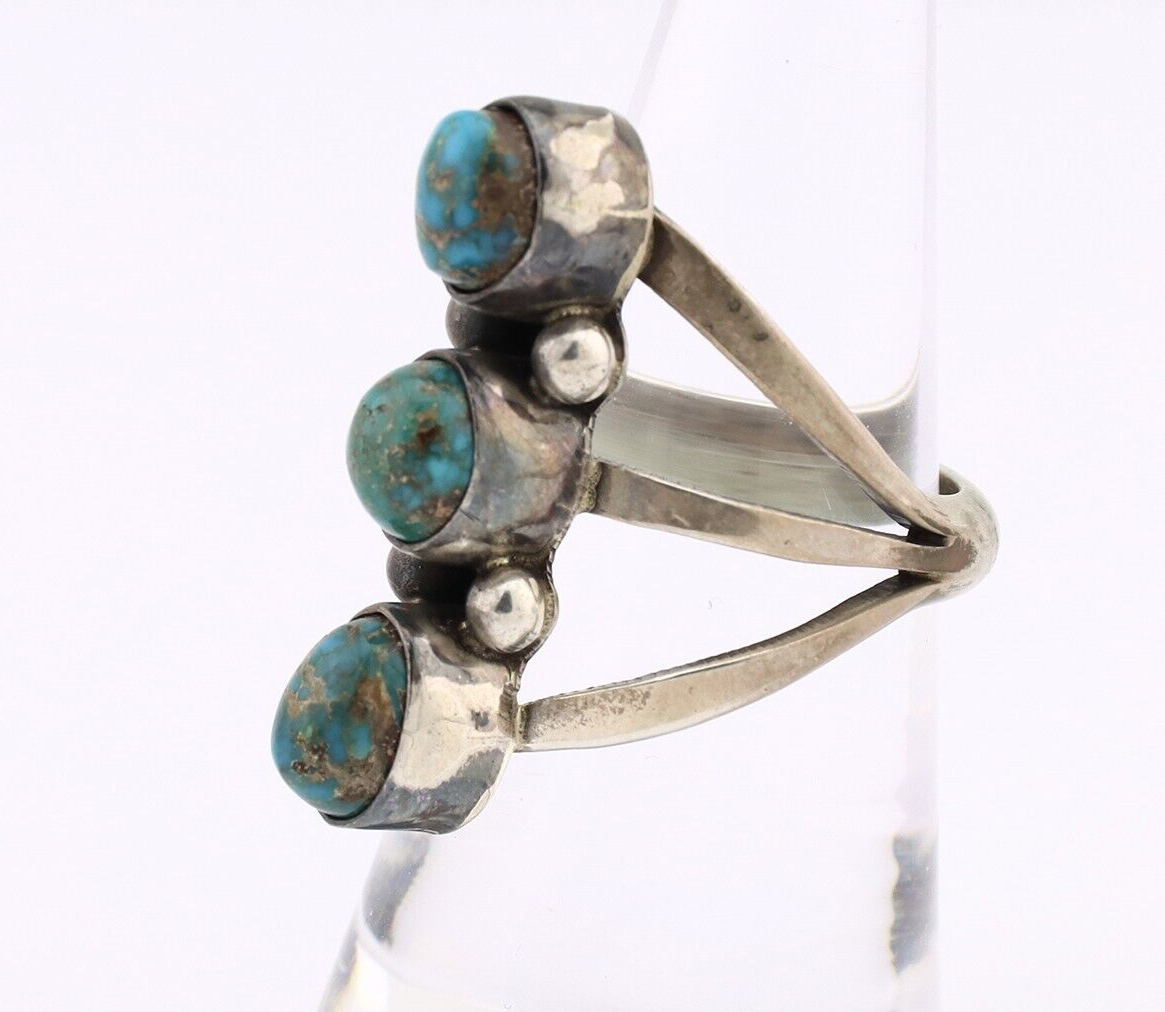 Navajo 3 Stone Ring 925 Silver Natural Turquoise Native American Artist C.80's
