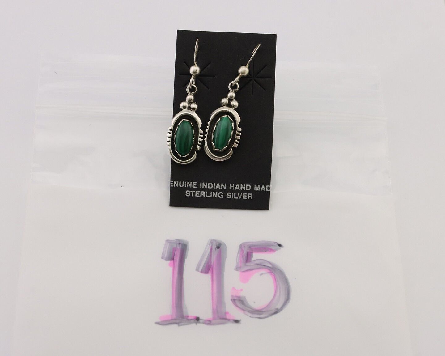 Navajo Dangle Earrings 925 Silver Natural Malachite Native American Artist C.80s