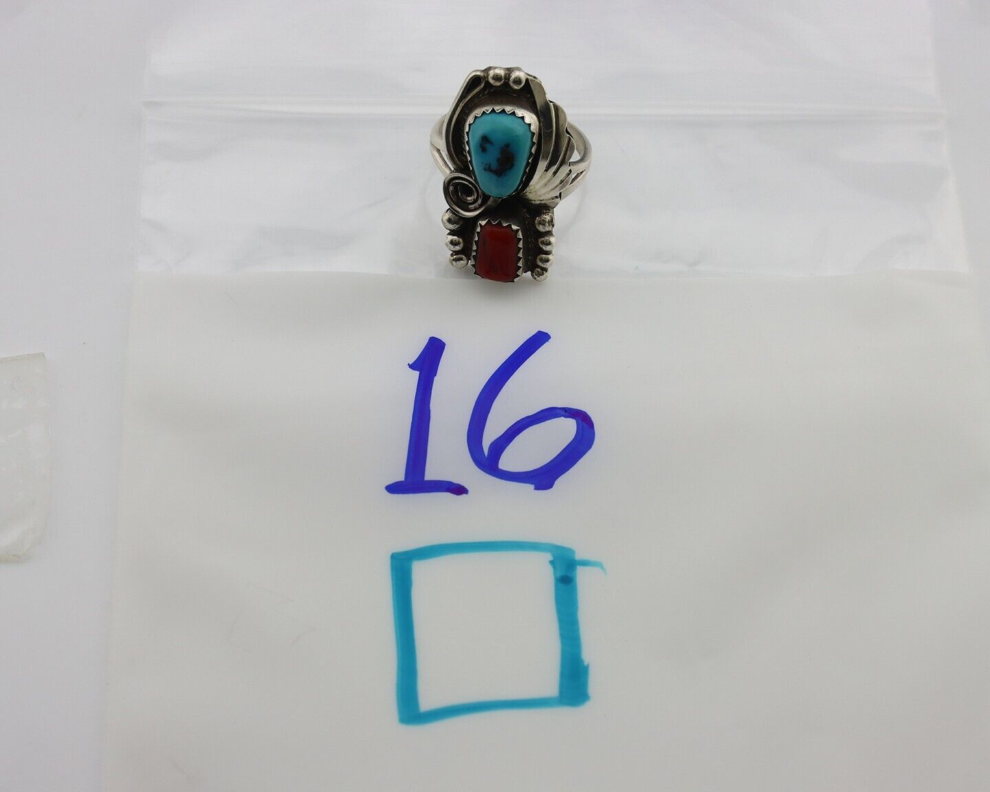Navajo Ring .925 Silver Turquoise & Coral Artist Signed Justin Morris C.80's
