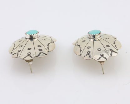 Navajo Hand Stamped Shield Earrings 925 Silver Turquoise Native Artist C.80's