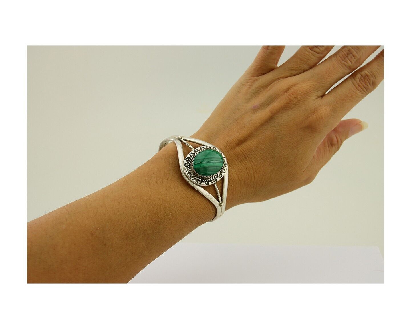 Navajo Cuff Bracelet Natural Malachite 925 Silver Native American Artist C.80s