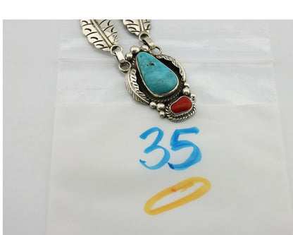 Navajo Necklace 925 Silver Turquoise & Coral Artist Signed Rabbit Stick C.2008