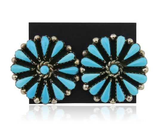Navajo Petit Point Earrings 925 Silver Turquoise Signed Benson Yazzie C.80's
