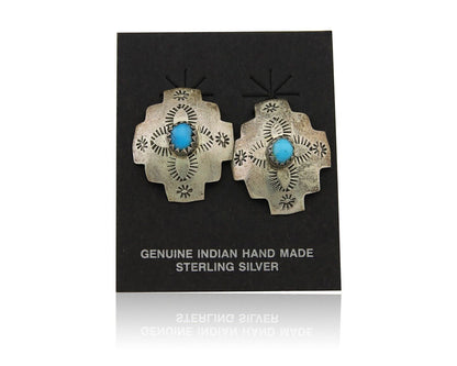 Navajo Hand Stamped Earrings 925 Silver Turquoise Native American Artist C.80's