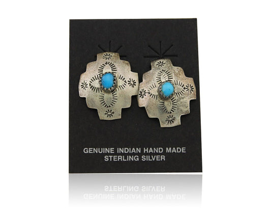 Navajo Hand Stamped Earrings 925 Silver Turquoise Native American Artist C.80's