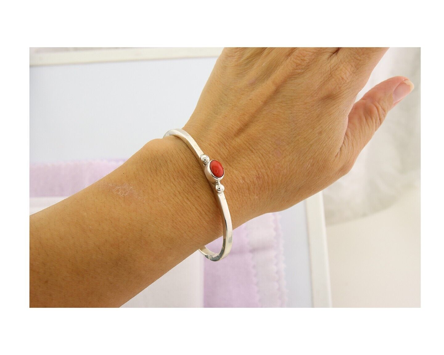 Navajo Bracelet .925 Silver Mediterranean Red Coral Cuff Native Artist C.80's