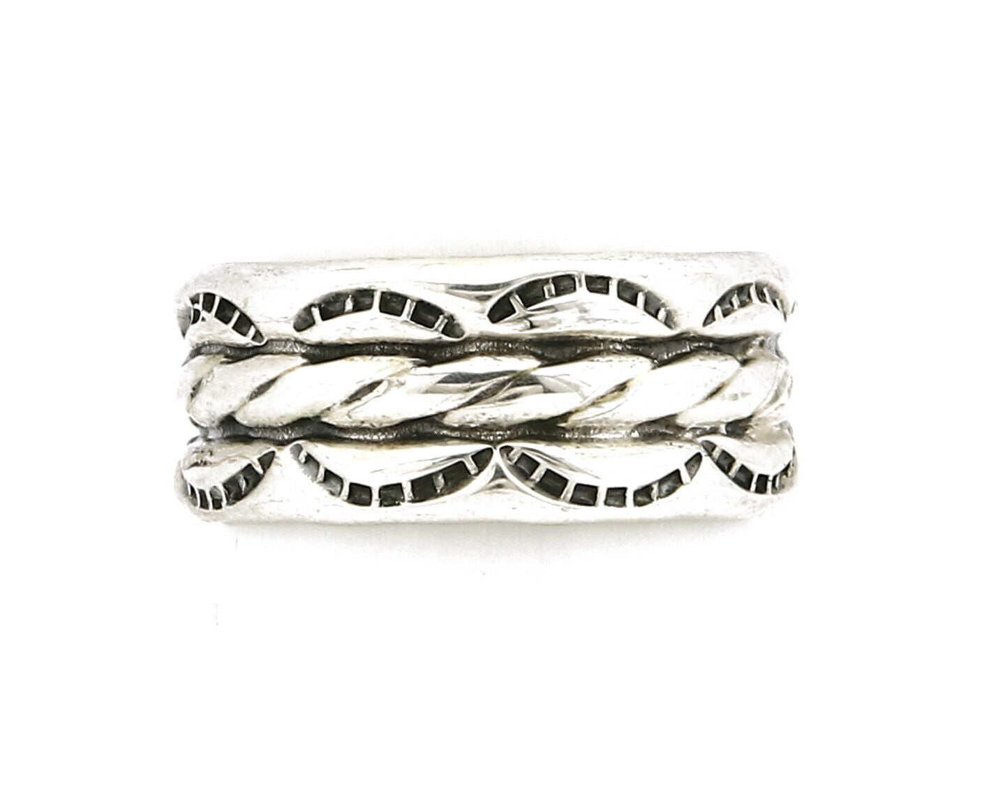 Navajo Ring .925 Silver Handmade Hand Stamped 3 Row Rope Band C.1980s Size 9.25