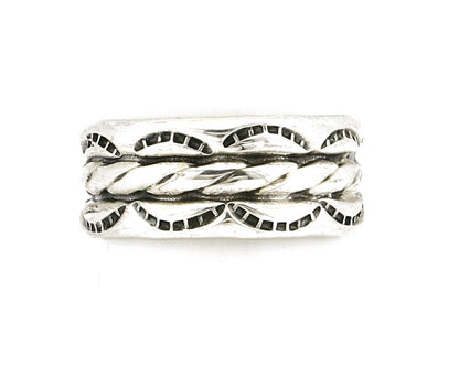 Navajo Ring .925 Silver Handmade Hand Stamped 3 Row Rope Band C.1980s Size 9.25