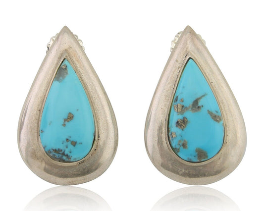 Navajo Dangle Earrings 925 Silver Natural Turquoise Signed Thomas Charay C.1988