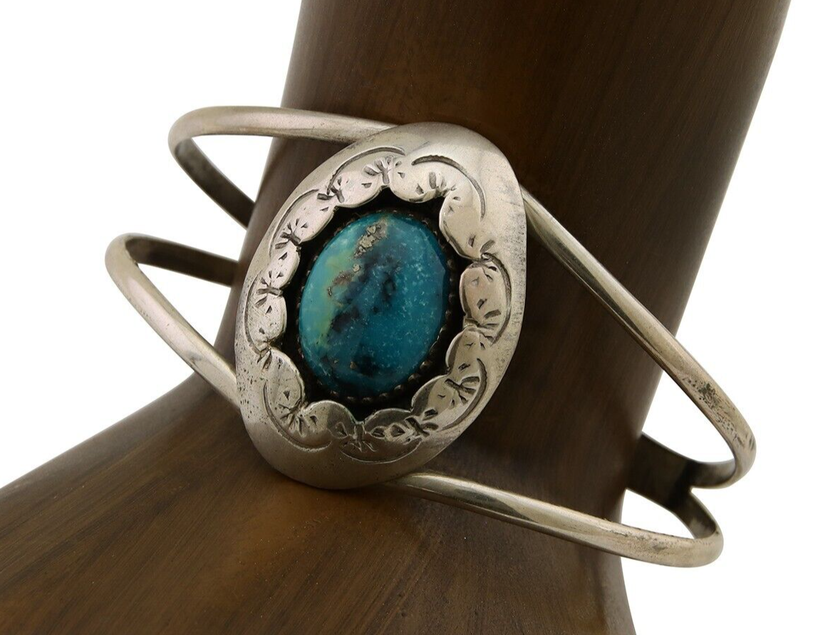 Navajo Hand Stamped Cuff Bracelet Turquoise 925 Silver Native American Artist