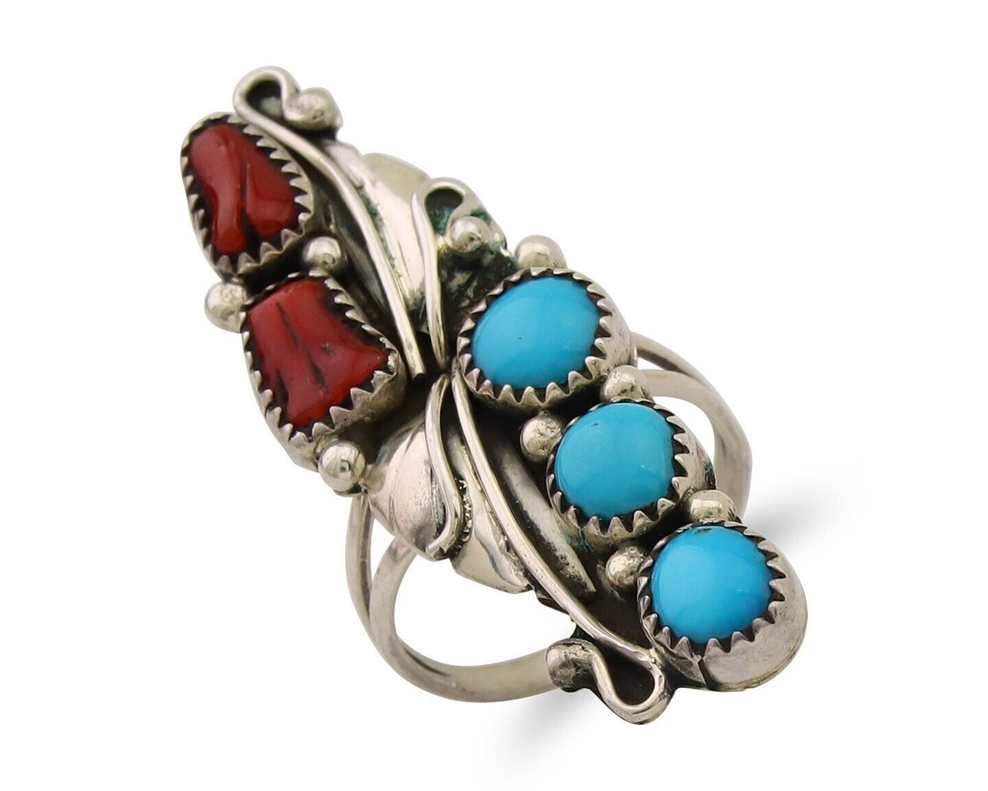 Navajo Handmade Ring 925 Silver Turquoise & Coral Native Artist C.80's