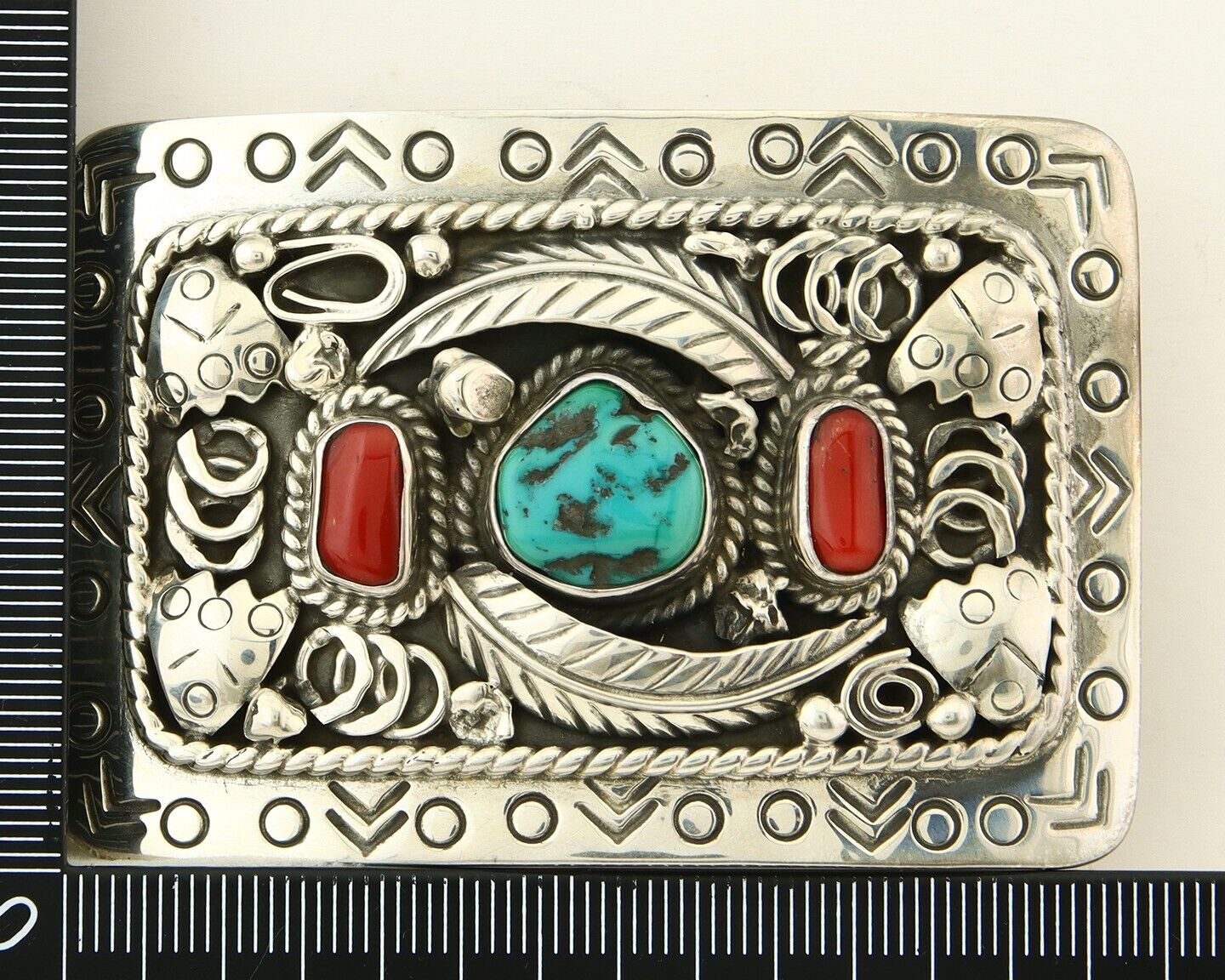 Navajo Belt Buckle 925 Sterling Silver Signed Teepee on Hill 1.9 x 2.9 in C.80's