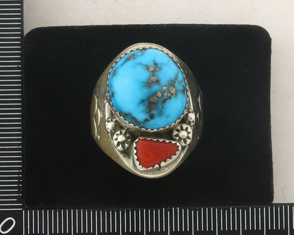 Men Heavy Navajo Ring 925 Sterling Coral & Turquoise C.80's Size 10.75