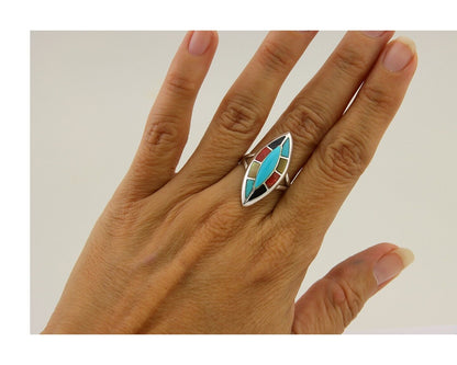 Navajo Ring 925 Silver Turquoise Shell Onyx Spiney Oyster Native Artist C.80's
