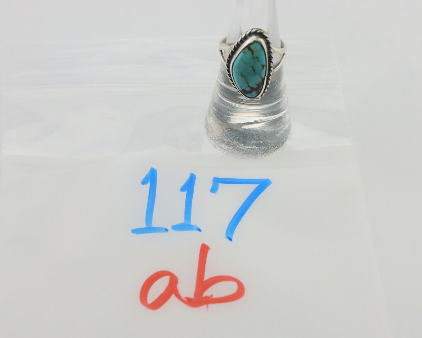 Navajo Ring 925 Silver Blue Gem Turquoise Artist Signed Rabbit Stick C.80's
