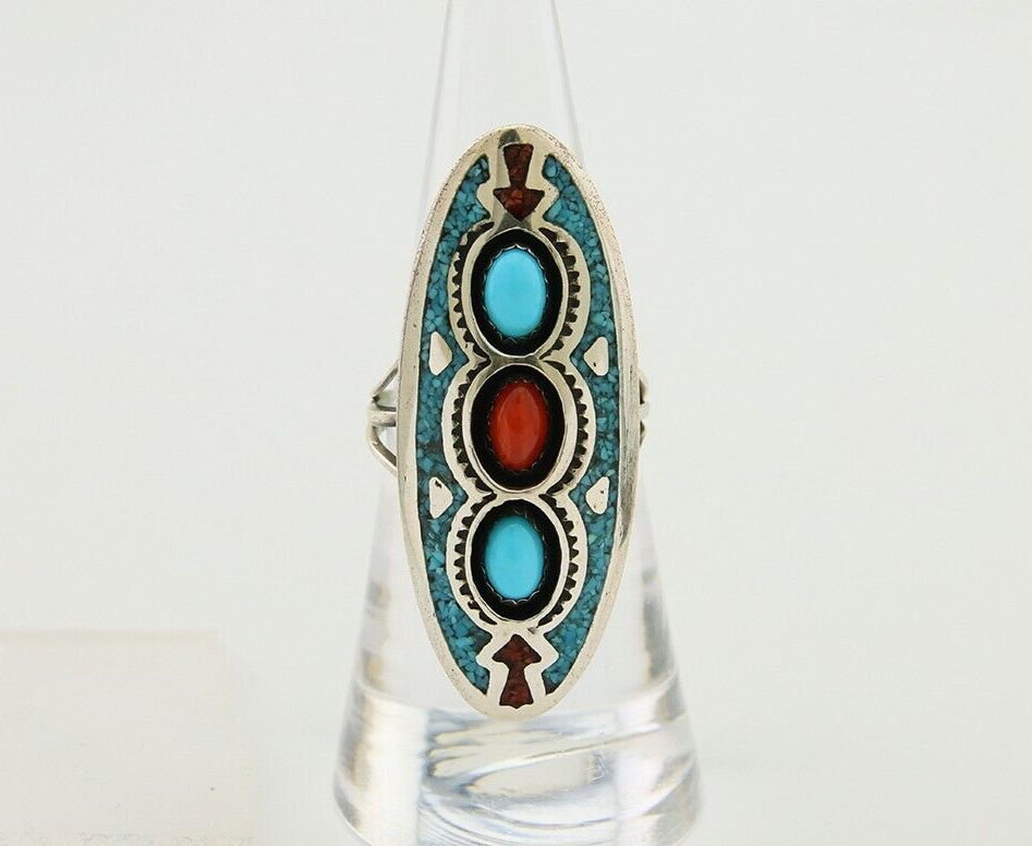 Navajo Handmade Ring 925 Silver Coral & Turquoise Signed Circle JW C.80's