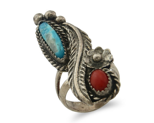 Vintage Navajo Ring 925 Sterling Silver Traditional Authentic Coral & Turquoise