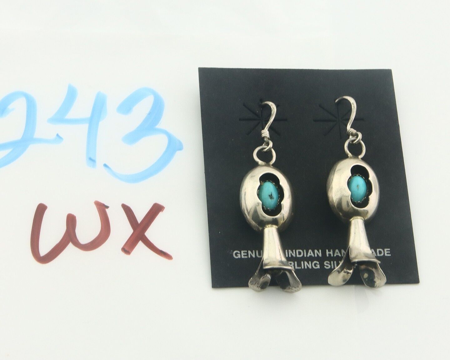 Navajo Squash Earrings 925 Silver Natural Turquoise Native American Artist C80s