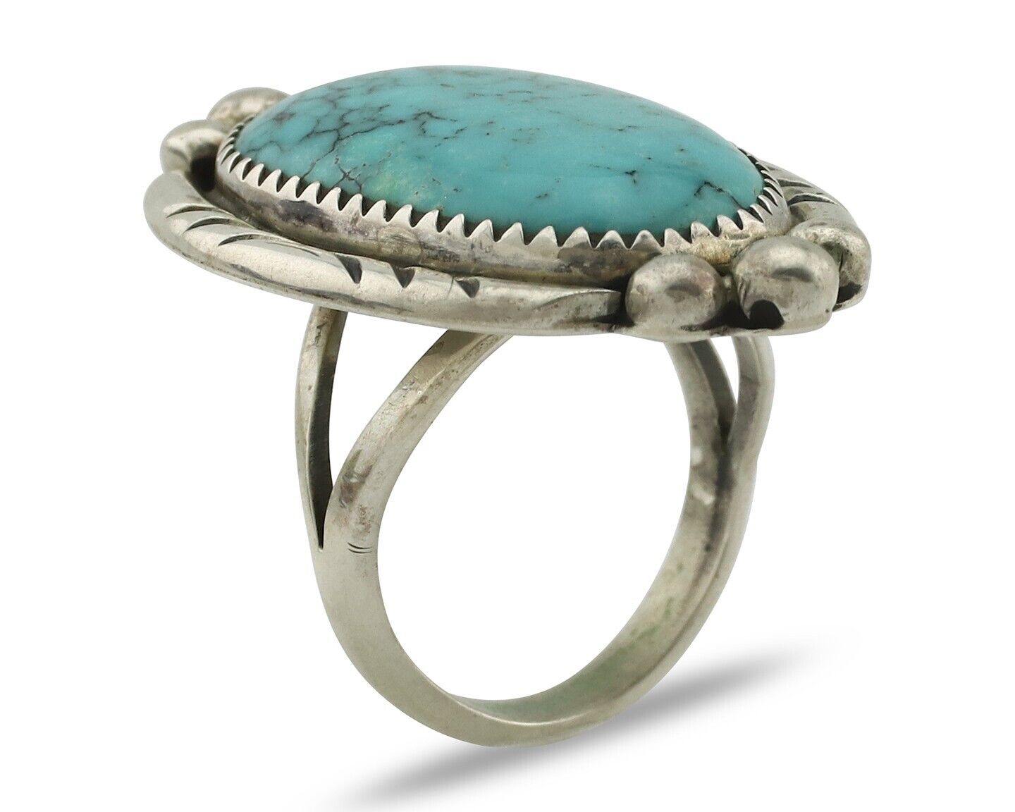Navajo Ring 925 Silver Natural Spiderweb Turquoise Native American Artist C.80's