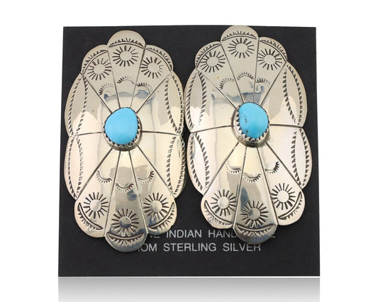 Navajo Hand Stamped Shield Earrings 925 Silver Turquoise Native Artist C.80's