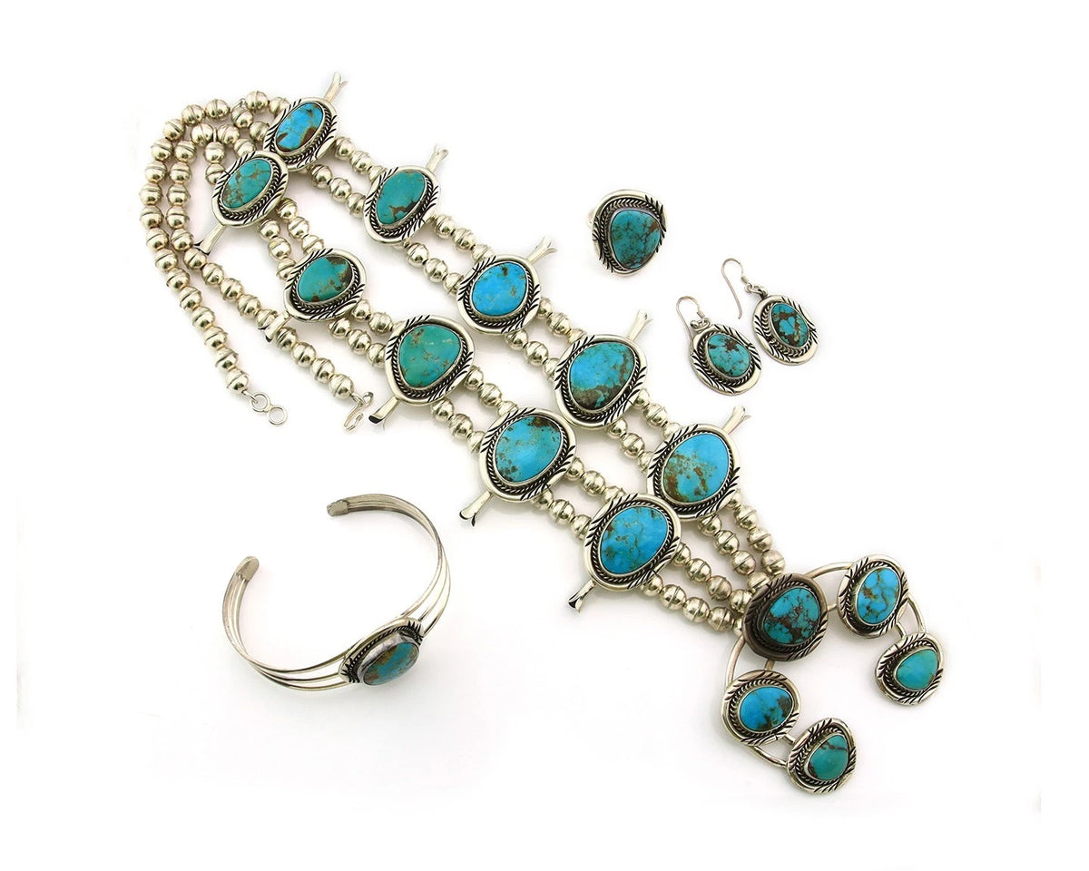 Navajo Squash Necklace Set Sterling Silver Turquoise Authentic Signed K Henry