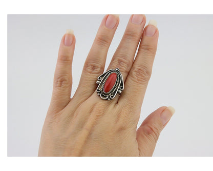 Navajo Ring 925 Silver Natural Coral Handmade Native Artist Size 5.75