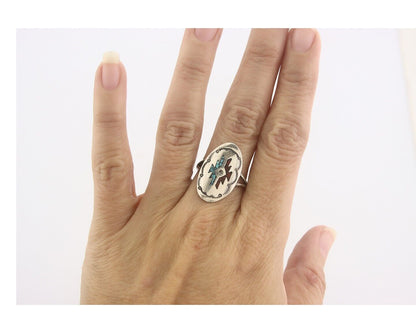 Navajo Ring 925 Sterling Natural Chip Inlay Coral & Turquoise C.80's Size 7.5