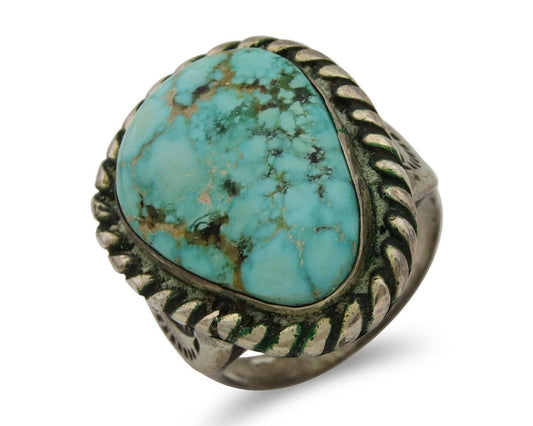 Men Navajo Ring 925 Silver Natural Slab Turquoise Signed Sunset C.80's