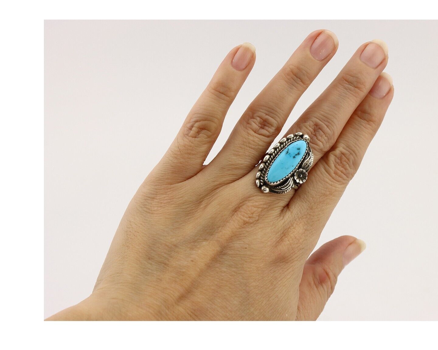 Navajo Ring 925 Silver Sleeping Beauty Turquoise Signed SC C.80's