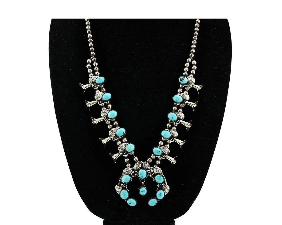 Navajo Squash Necklace Earring Set Sterling Silver Turquoise Vintage C.80's