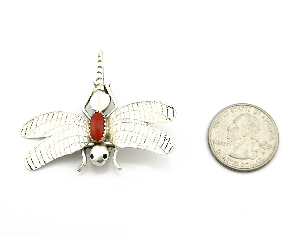Navajo Pin Pendant .925 Silver Natural Coral Signed Artist Frank Yazzie C.80's