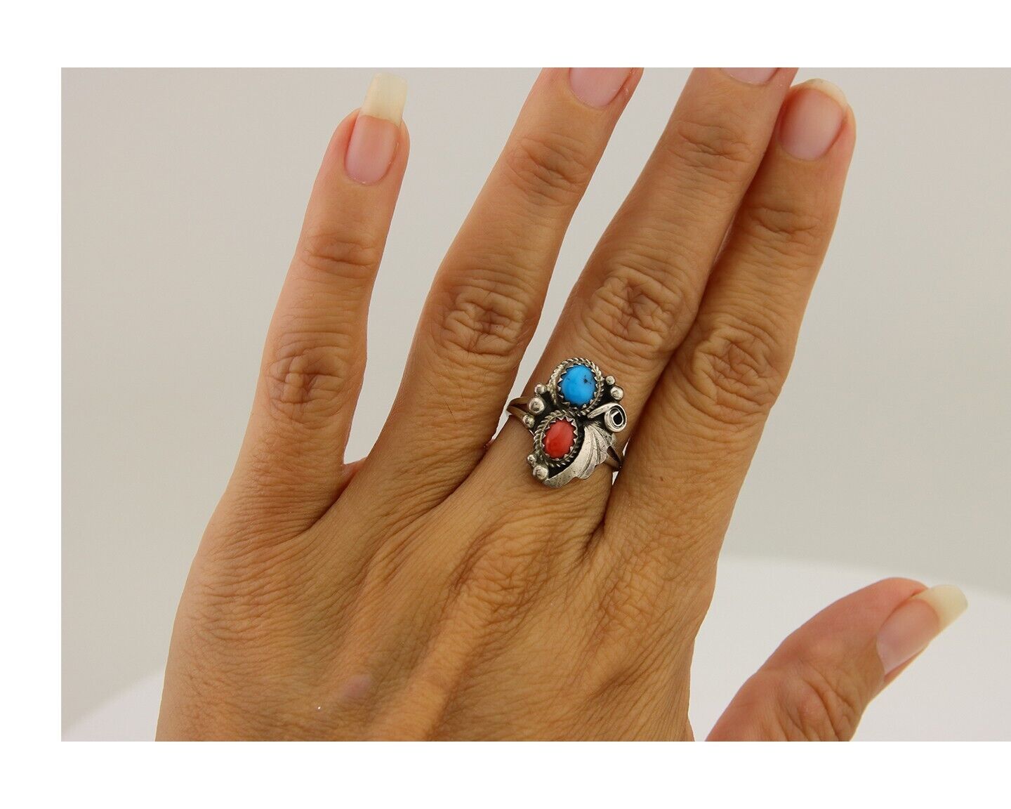 Navajo Ring 925 Silver Turquoise & Coral Native American Artist C.80's