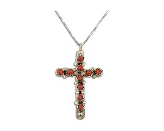 Navajo Cross Necklace 925 Silver Snake Eye Coral Native American Artist C80s