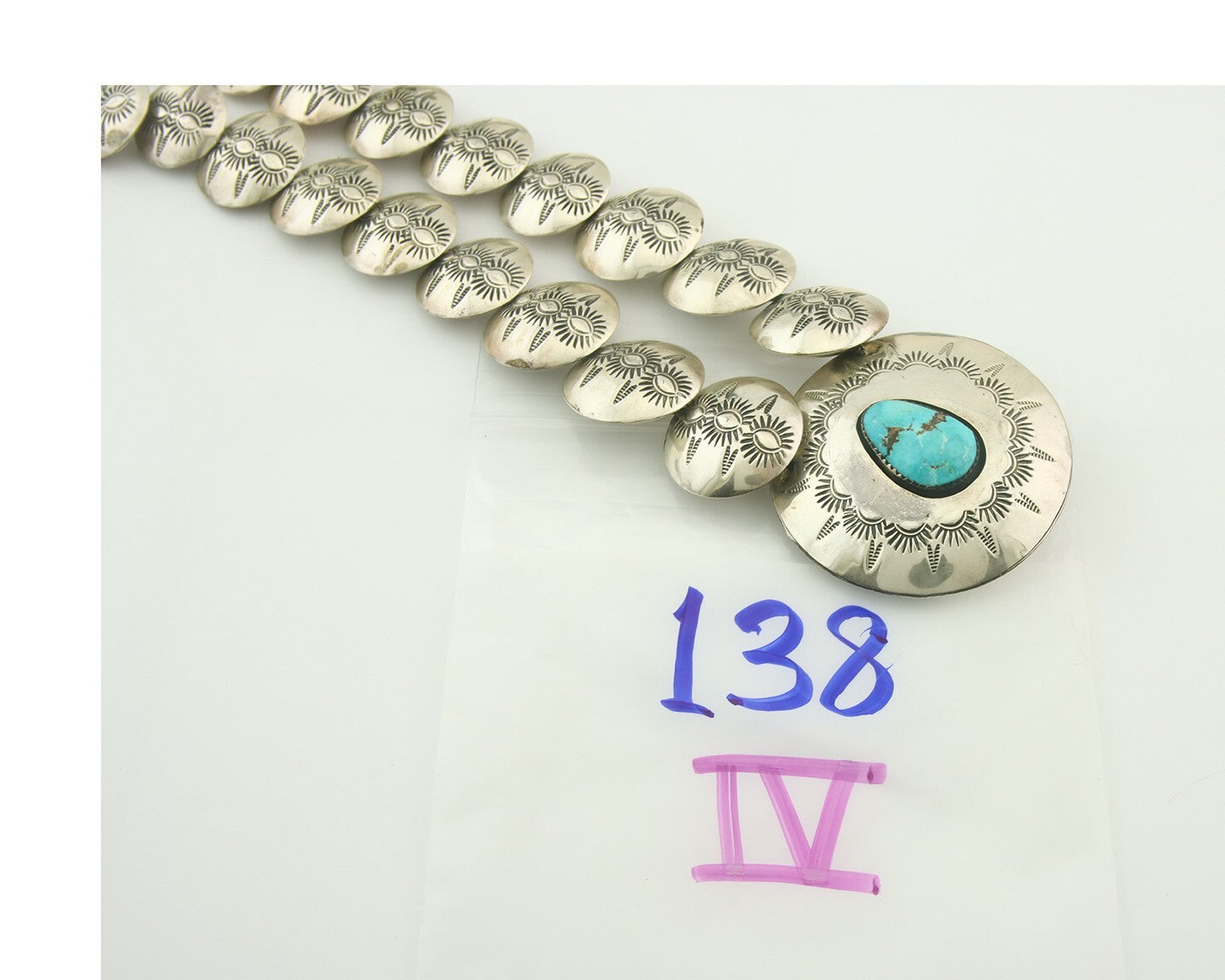 Vintage Navajo Bead Necklace 925 Siilver Turquoise Hand Stamped Native Artist