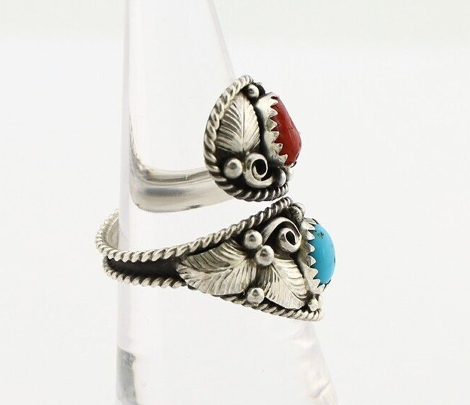 Navajo Adjustable Ring 925 Silver Turquoise & Coral Artist Signed Gecko C.80's