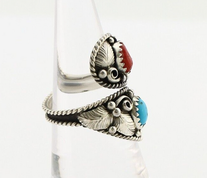 Navajo Adjustable Ring 925 Silver Turquoise & Coral Artist Signed Gecko C.80's