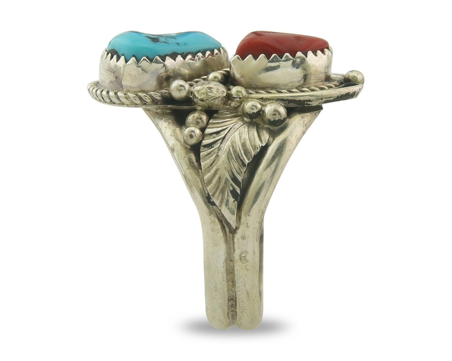Men Navajo Ring 925 Sterling Natural Coral & Turquoise Signed JM C.80's Sz 11.75