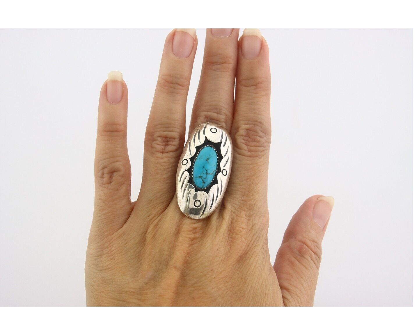 Navajo Ring 925 Sterling Turquoise Handmade Native Artist C.80's Size 6.75