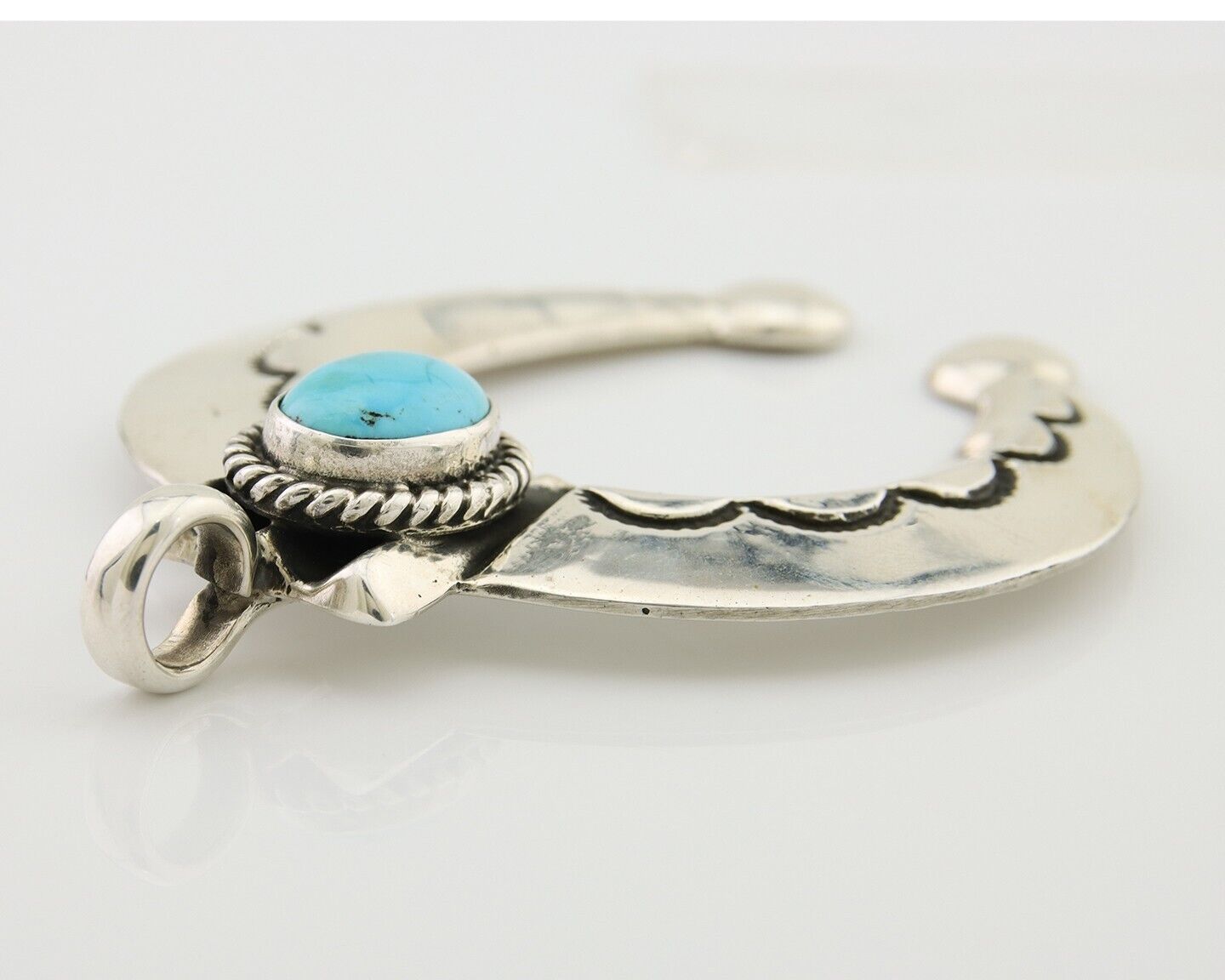 Navajo Naja Pendant 925 Silver Turquoise Heavy Hand Stamped Native Artist C.80's