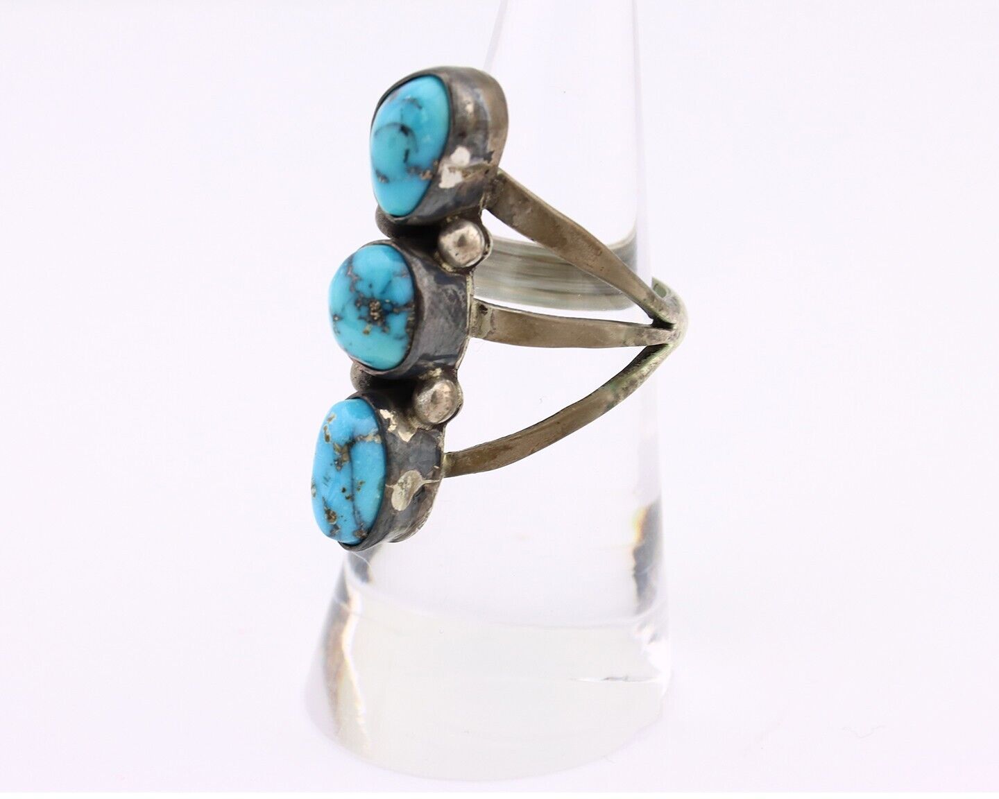 Navajo 3 Stone Ring 925 Silver Morenci Turquoise Native American Artist C.80's