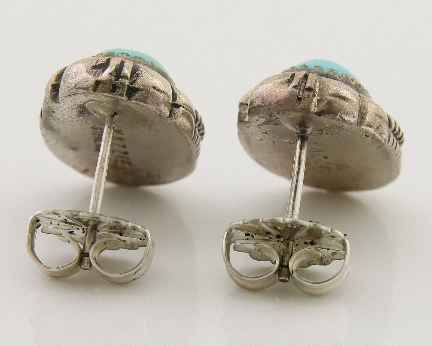 Navajo Earrings 925 Silver Inlaid Natural Turquoise Artist Signed L Yazzie C.80s