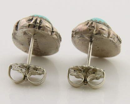 Navajo Earrings 925 Silver Inlaid Natural Turquoise Artist Signed L Yazzie C.80s